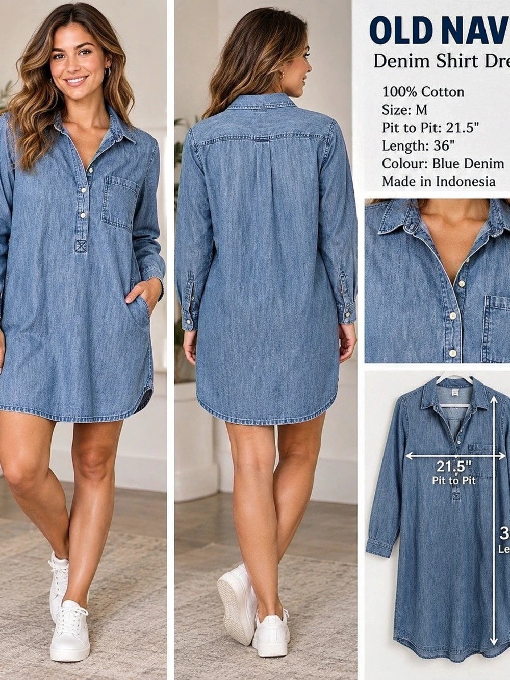 Old Navy Long-Sleeve Denim Mini Shirt Dress Blue Medium